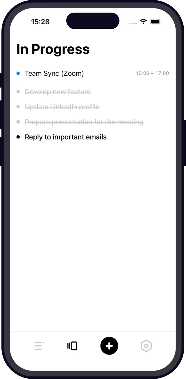 Maybe on iPhone: the In Progress screen with a calendar event and a short list of tasks